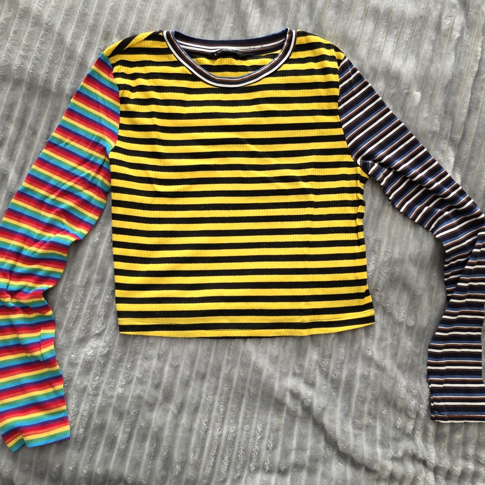 Crop Rainbow Multi Striped Long Sleeve Top, Shein‎ SZ Med 8 Limited Casual Boho